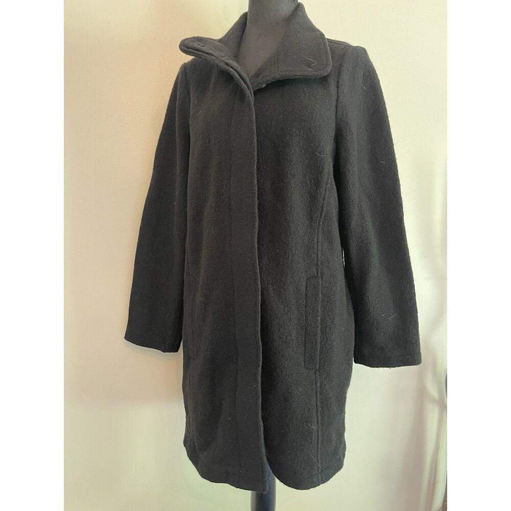 Vintage LL Bean Womens Lg Coat Black 100% Wool premium Italy button up peat coat